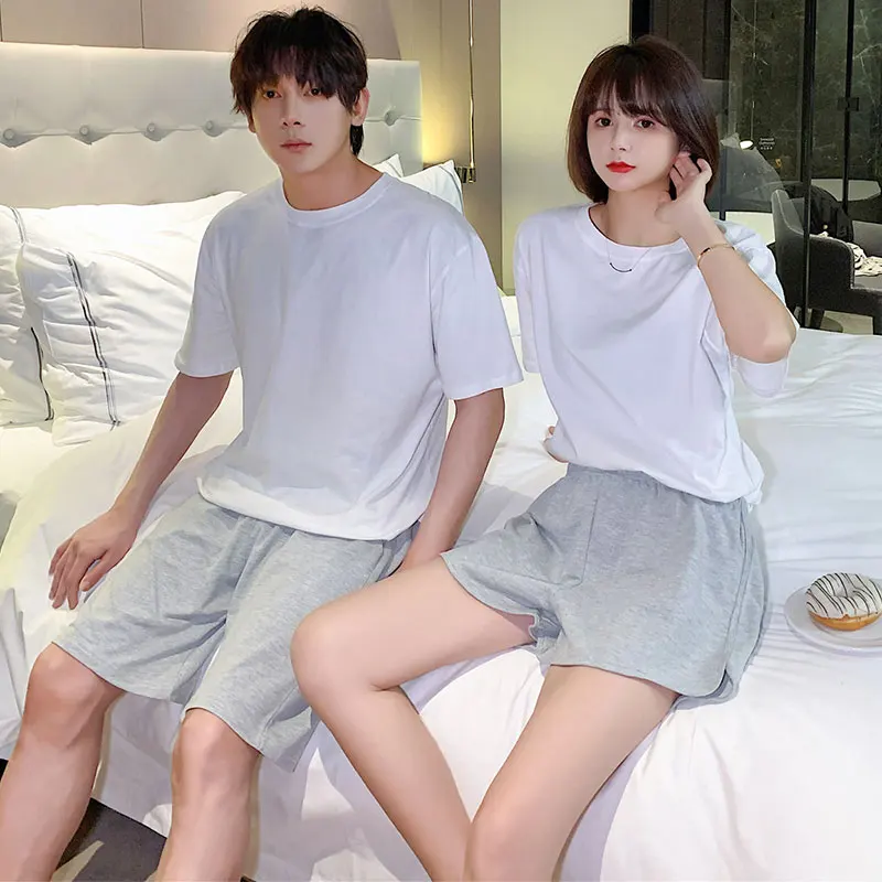 Solid White Couple Pajamas Women's Summer Simple Short Sleeve Cute Home Wear Set Suit Men's Pajamas Set Casual Loose Shorts Suit pure cotton pajamas men s spring and summer new style simple short sleeve tracksuit men s outer wear casual pajamas set quasi st