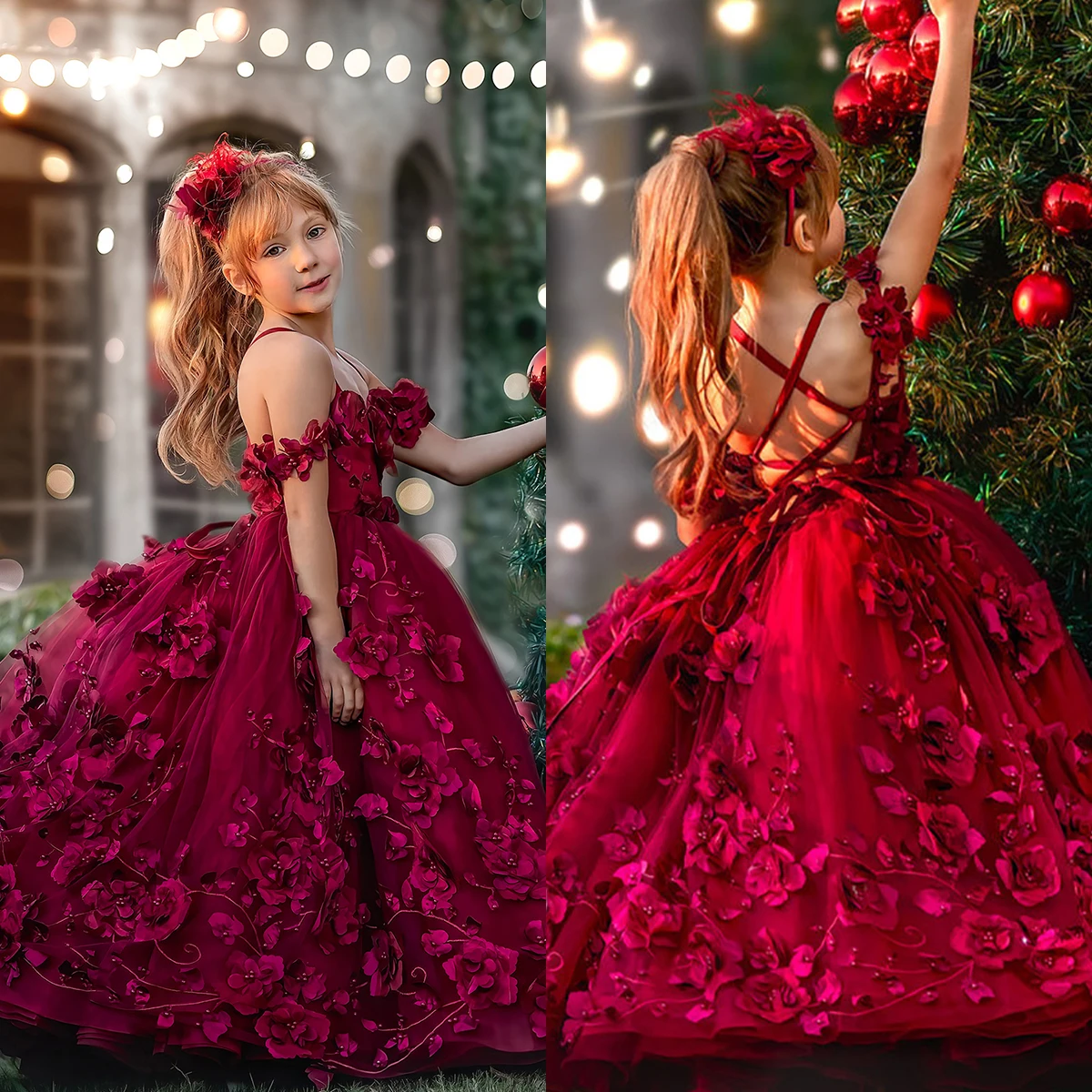 

Красные кружевные цветочные платья для девочек на свадьбу, бальное платье с 3D цветочной аппликацией, наряды для малышей, платье для первого причастия с цветами