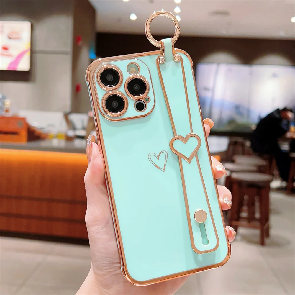 Elegant Love Heart Silicone Case with Wrist Strap - Fashion Plating Design and Soft Protective Cover