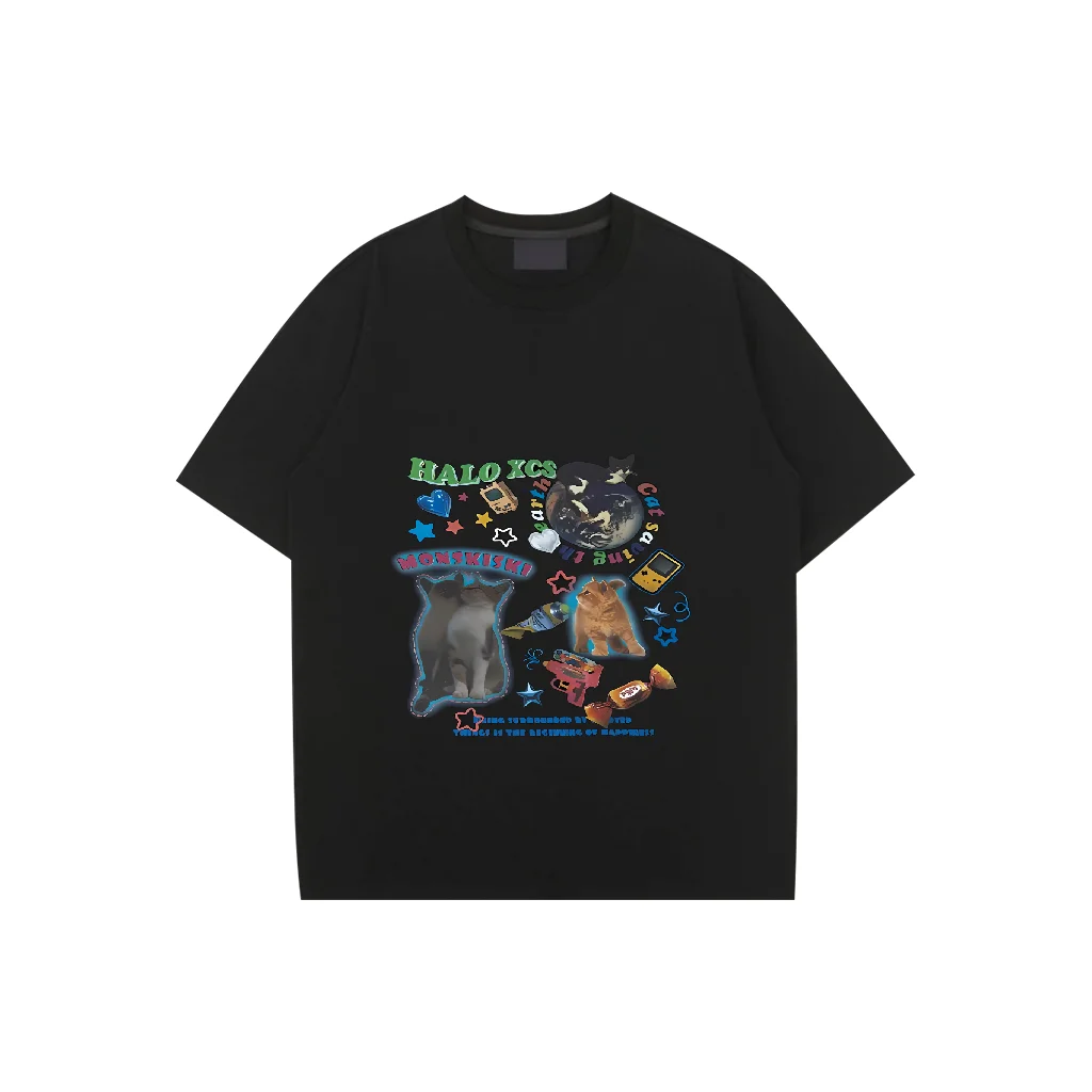 

Summer Cotton Loose Washed Tops Tees Print T-Shirt Mens Cats Streetwear Vintage Black T-Shirt Harajuku Oversized T-Shirt