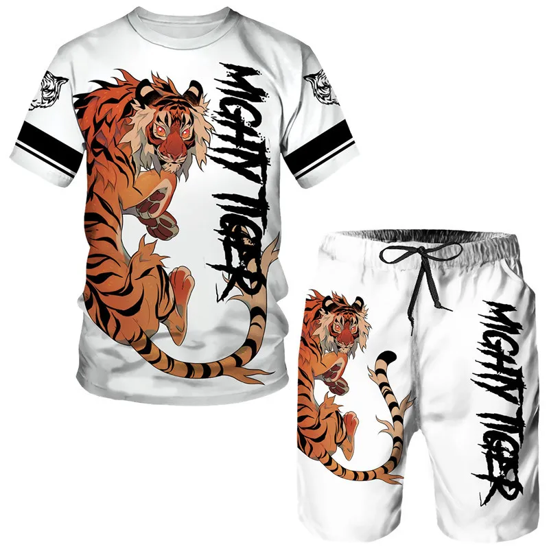 3D Print Tiger Animal  T-Shirt Summer Street Tracksuit Short Sleeve Men's Clothing Round Men Shorts Neck Casual Tops Pants Set