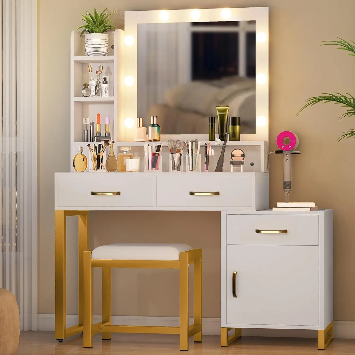

DWVO Vanity Desk with Mirror and Lights, Makeup Vanity Table with Charging Station, Drawers, Vanity Table with Chair, 3 Lighting