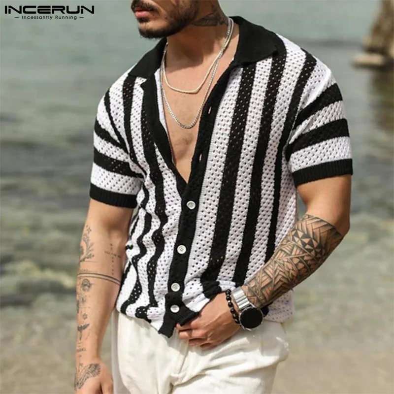 

INCERUN Men Shirt Striped Lapel Short Sleeve Streetwear Mesh Hollow Out Transparent Men Clothing Summer 2024 Fashion Camisas