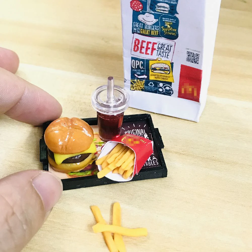 1 Set 1/6 Scale Dollhouse Miniature Hamburger Mini Fried Chips Coke Pretend Kitchen Food Toys for Doll House