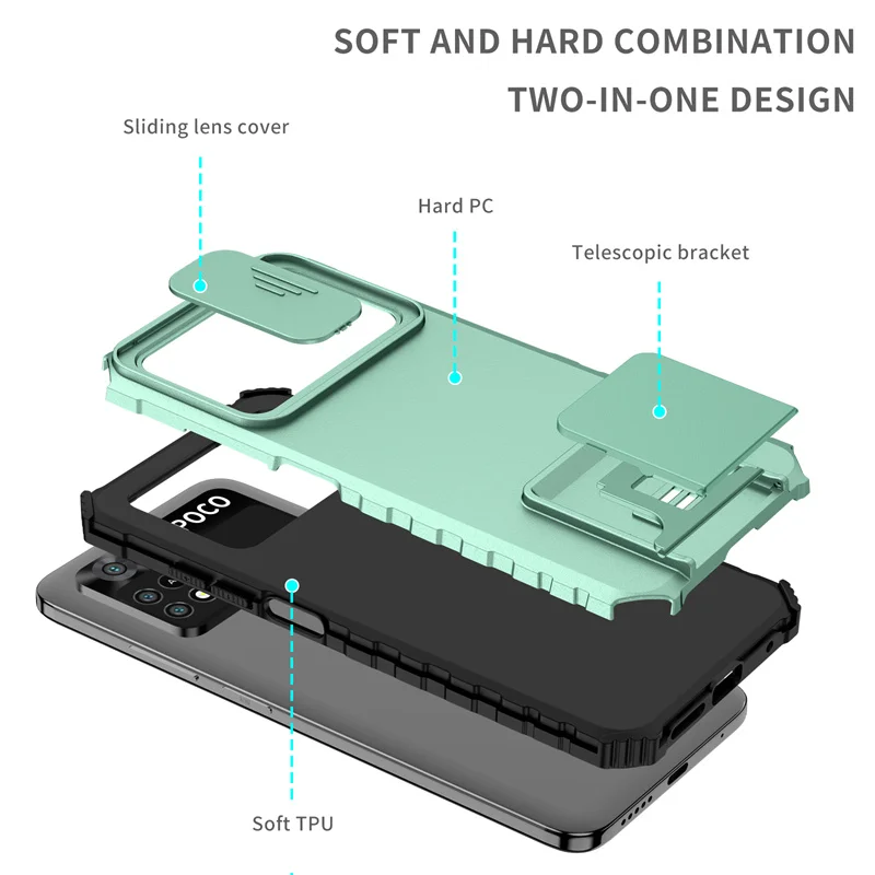 For Xiaomi Poco M4 Pro 4G Case Slide Camera Lens Armor Cases For Poco Poko Pocco Little M4Pro M 4 Pro 4Pro M4 Pro Stand Cover 6