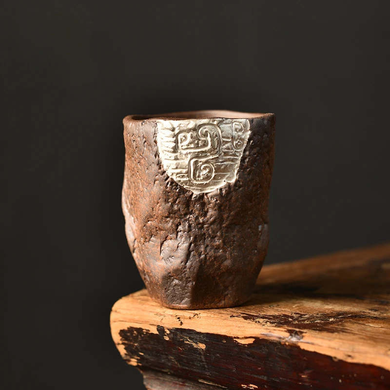 Gilt Silver Totem Master Cup Vintage Rough Pottery Tea Cup Kung Fu Tea Handmade Ceramic Set Single Jar