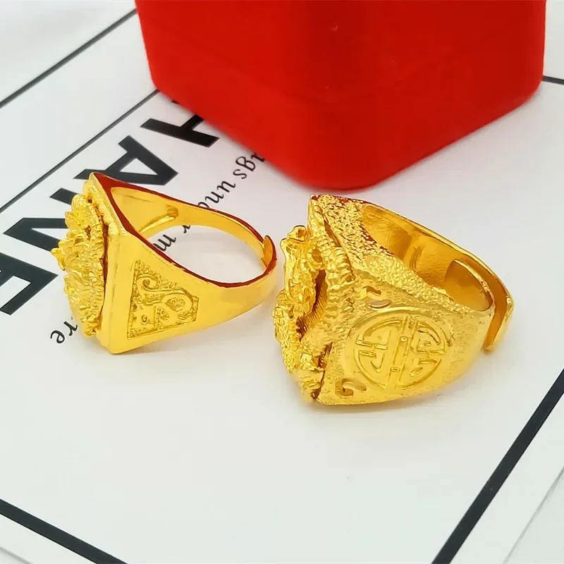 Men 24k Chinese Gold Ring Hip Hop 24K Gold Dragon Design Finger