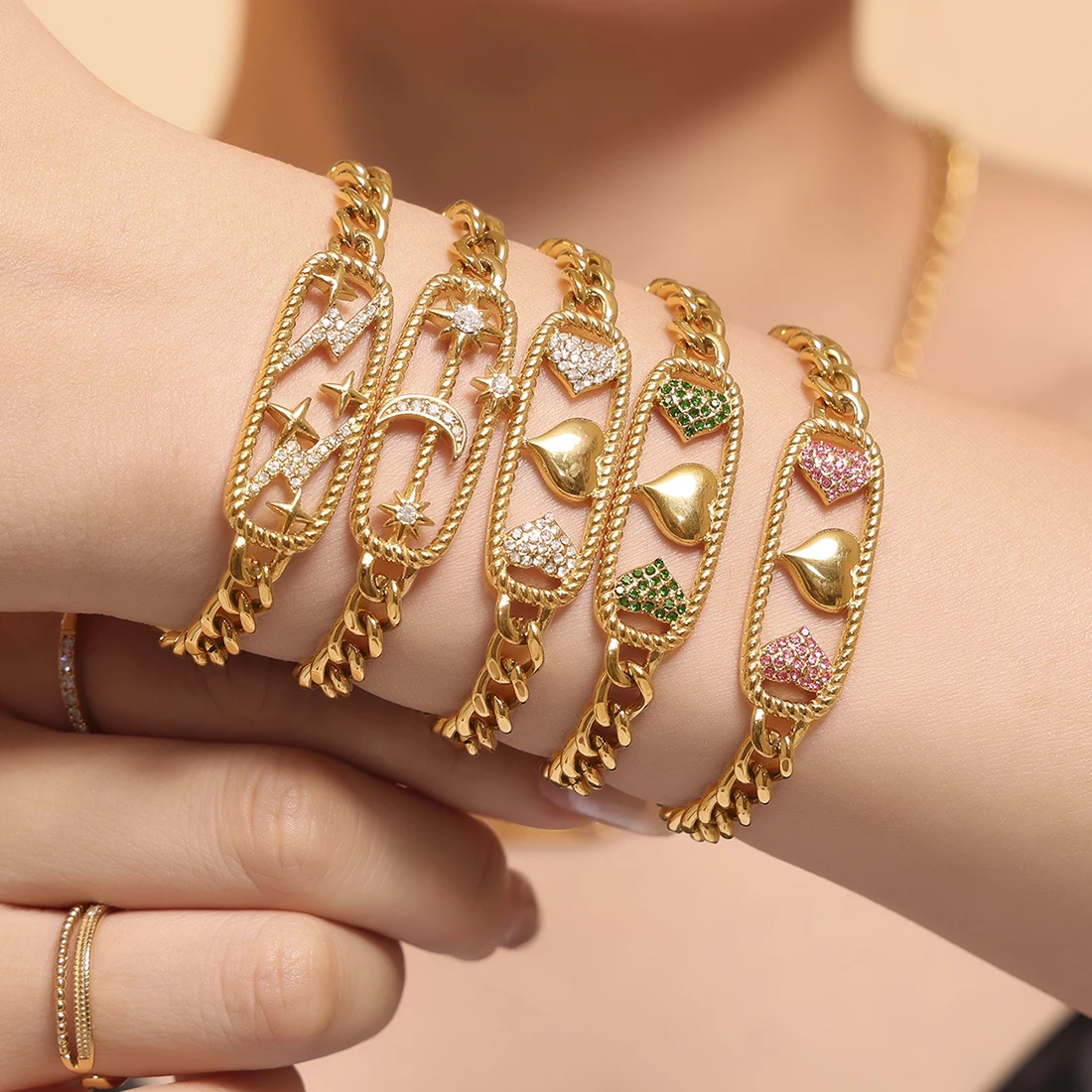 Herz Mond bunte Halskette Armband Set für Frauen Edelstahl vergoldet Glas eingelegt Charm Hip Hop Kette Schmuck Geschenk