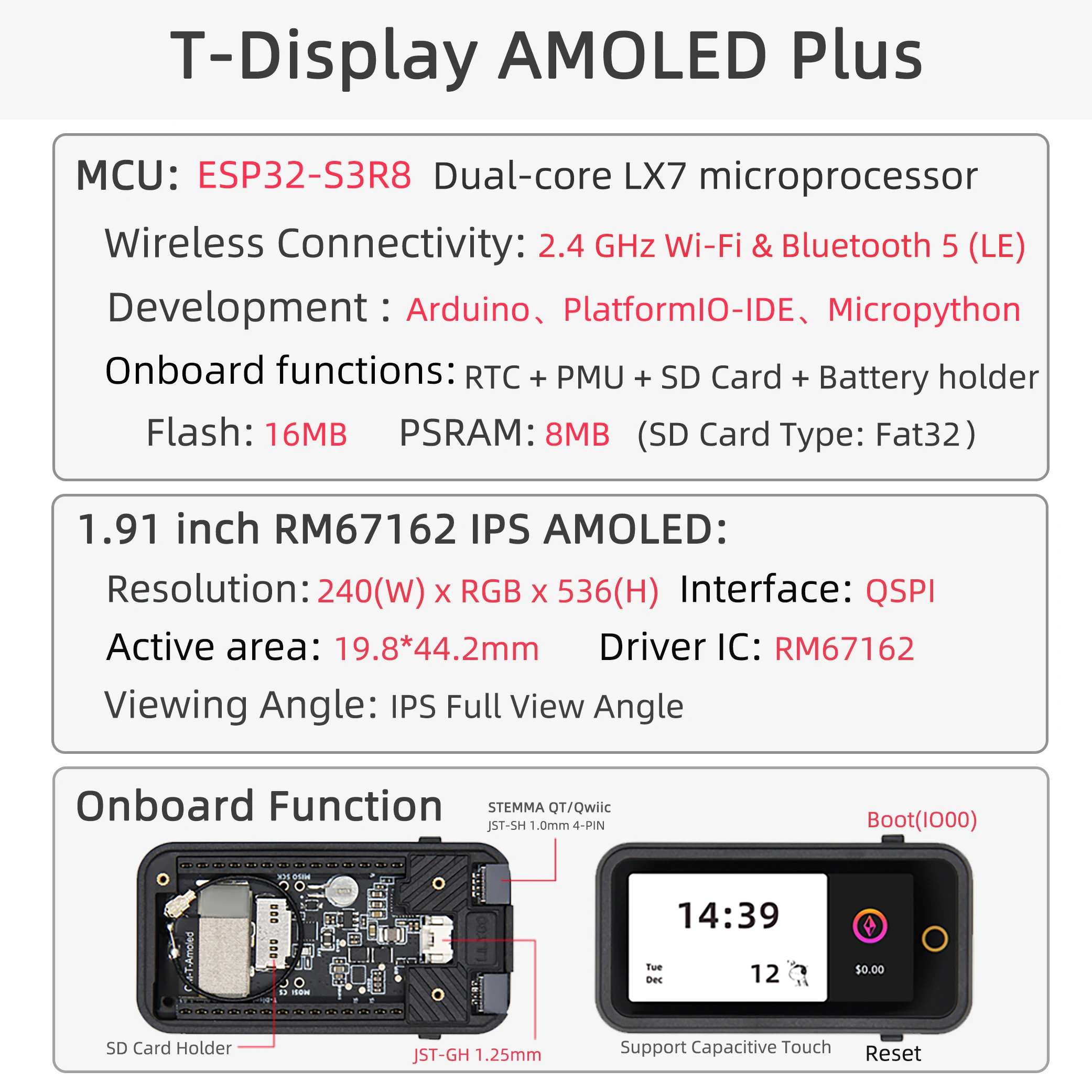 ® T-Display AMOLED PLUS ESP32-S3 Development Board 1.91" AMOLED Screen Wi-Fi Blu