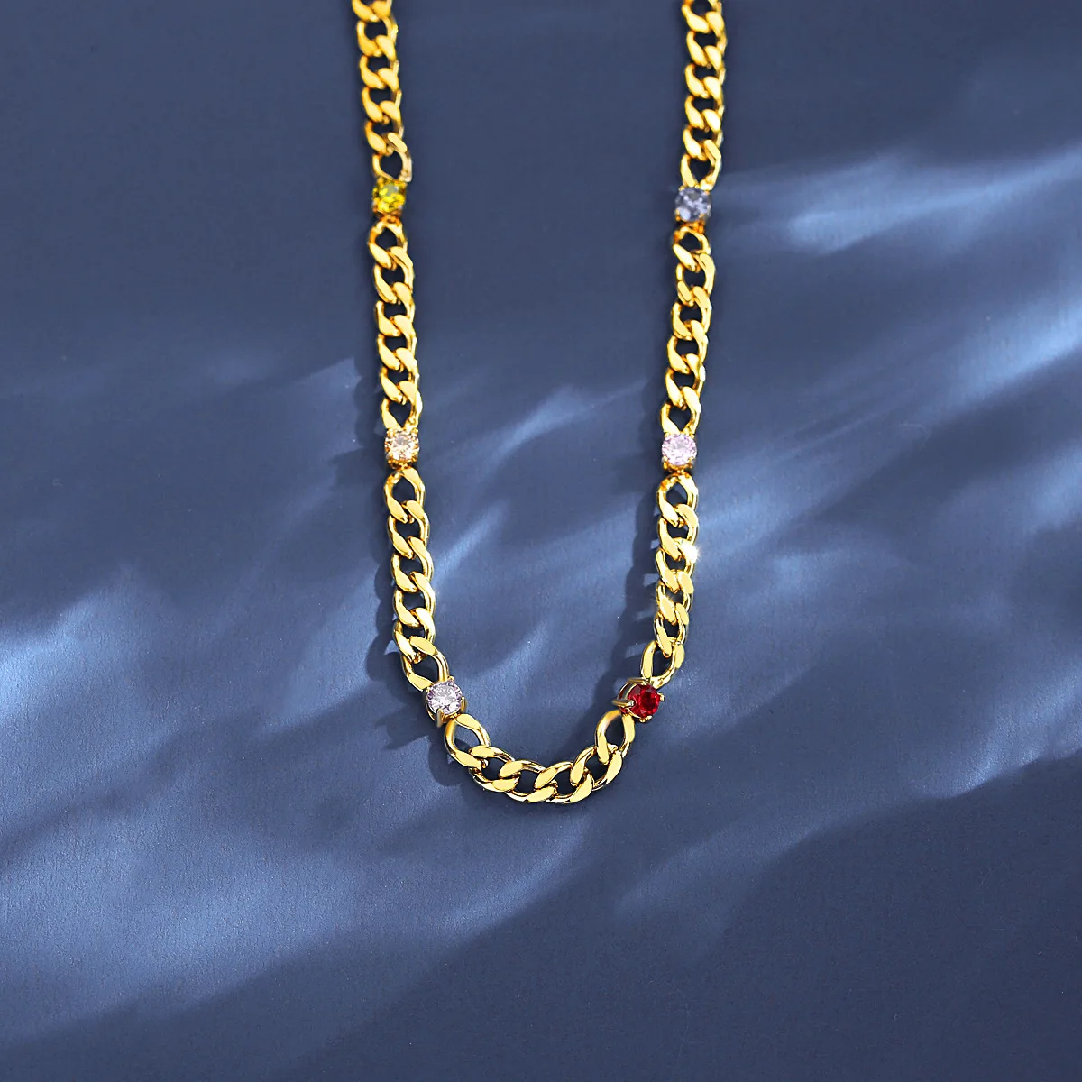 FXLRY Fashion Gold Color Colorful Zircon The Chain Of Tennis Stainless Steel Necklace For WomenFashion Girl Party Jewelry