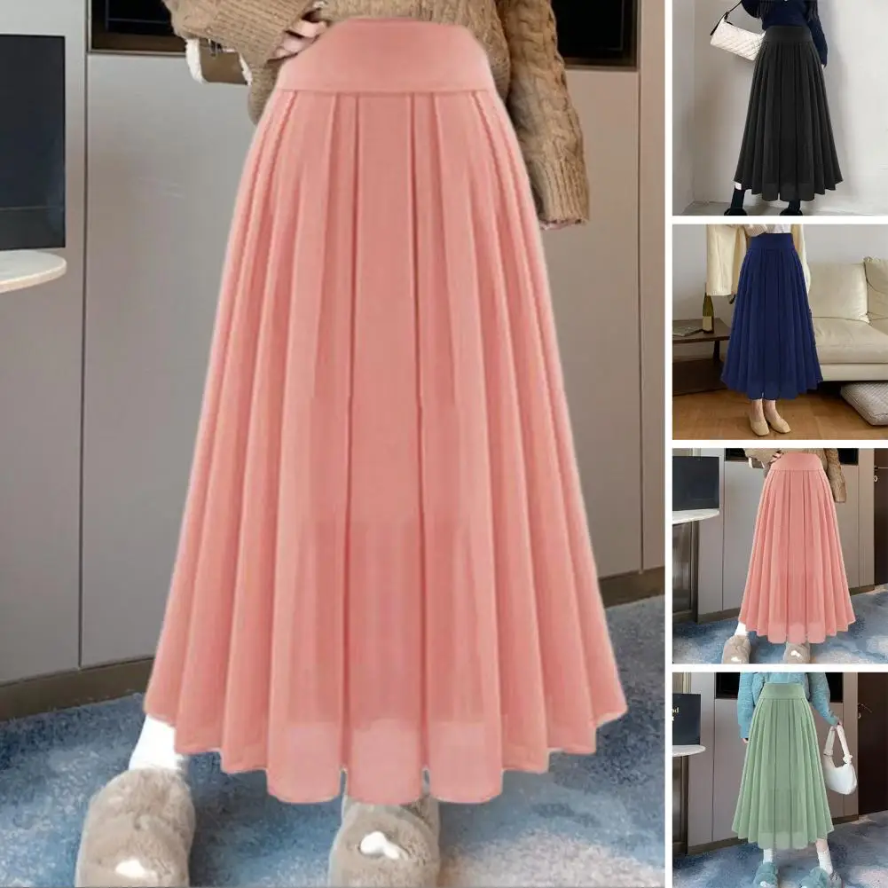 

Женская шифоновая юбка с эластичным поясом, Элегантная двухслойная плиссированная юбка миди с высокой талией, однотонная Мягкая юбка с эластичным поясом