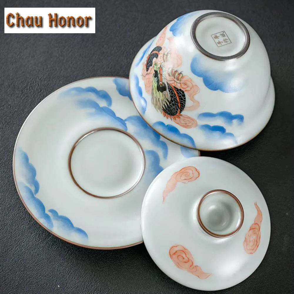 290ml Pure Handmade Ru Kiln  Gaiwan Handdrawn Dargon Phoenix Tea Bowl Tea Tureen Tea Maker Cover Bowl Teaset Supplies Collection