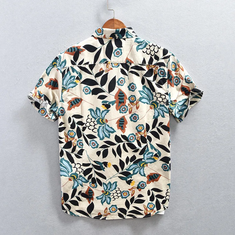 100% Cotton Linen 2023 New Summer Men's Japanese Printed Casual Short Sleeve Shirt Cardigan T-shirt
