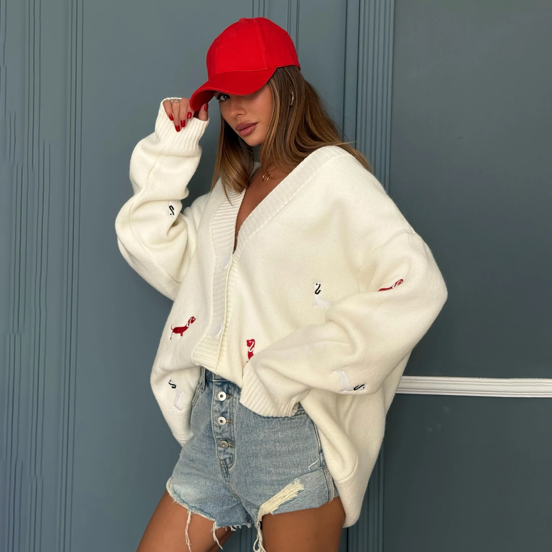 Zekye Cross-border Dachshund Embroidered Sweater Coat For Women Super Loose Soft Lazy Fashionable Knitted Cardigan Outerwear 2