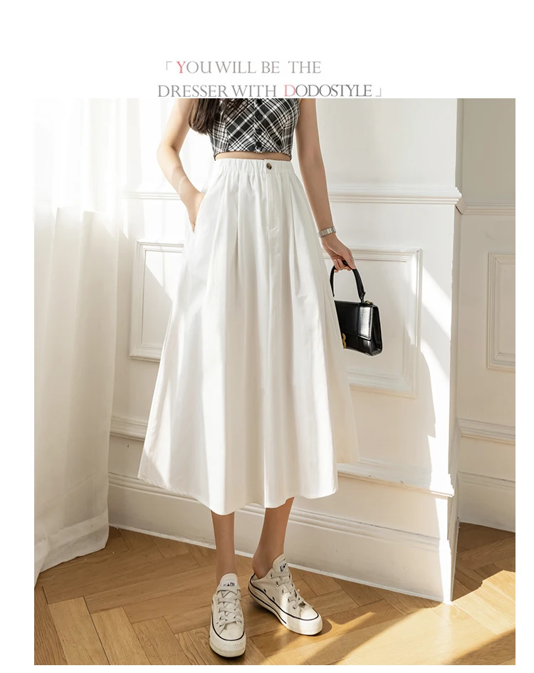 Summer High Waist Women's Skirts Elegant Solid Fashion Korean New Midi Female Clothing Black White Japan Style A-LINE tennis skirt outfits Skirts