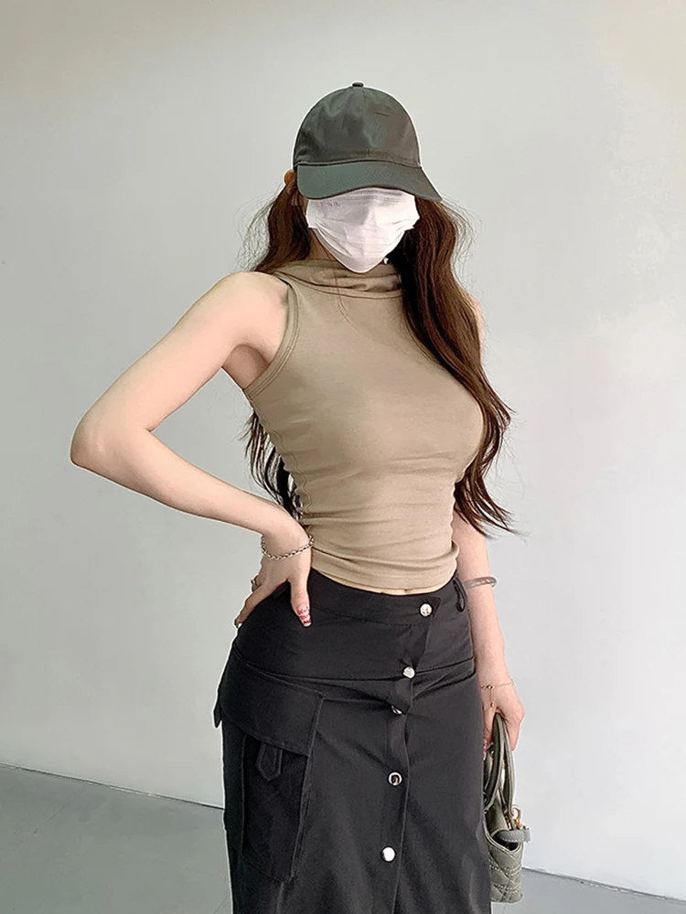 Summer New Tank Top Hooded Vest Women's Tops Streetwear Design Slim Fit Sleeveless Crop Top Solid Color Girls Clothing