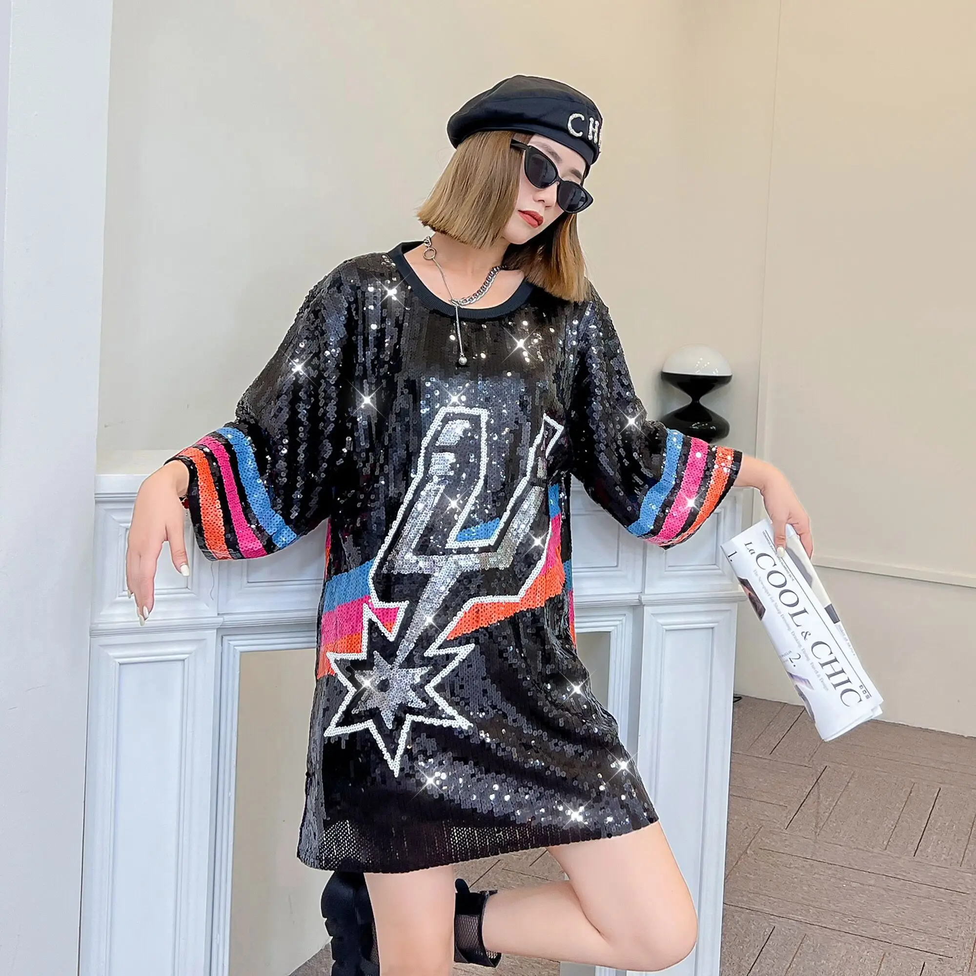 

2023 New Baseball Football Game Female Tops Sequin Women Jersey Dress