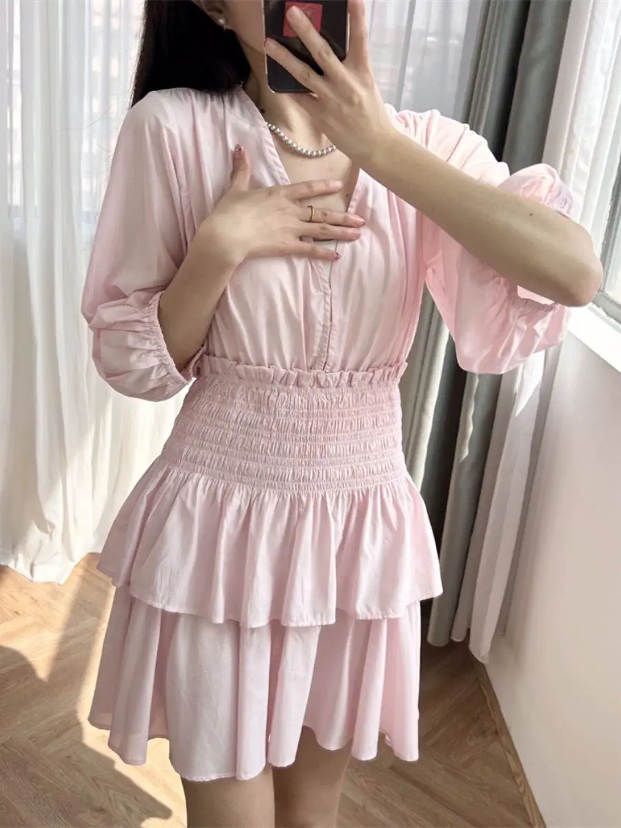 

2024 Summer New Sweet Pink Women's Layered Ruffle Mini Dress V-Neck Puff Sleeve Pleated Elastic Waist Short Robe for Ladies