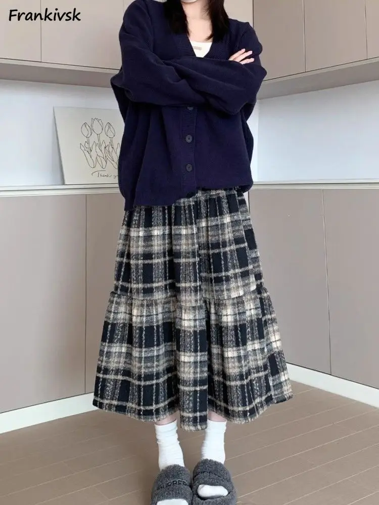 

Midi Skirts Women Autumn Plaid Retro Chic College Fashion Ins Basic High Waisted All-match Loose A-line Faldas Holiday Popular