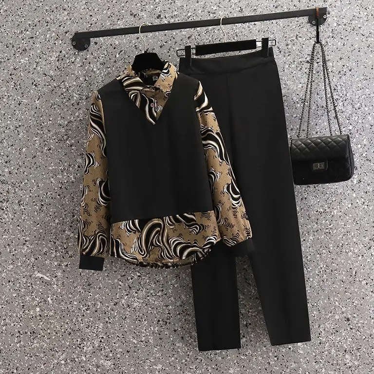 Vintage Water Wave Print Patchwork Chiffon Shirt Tops Casual Pants Two-piece Elegant Women's Pants Set Office Outfits Clothing
