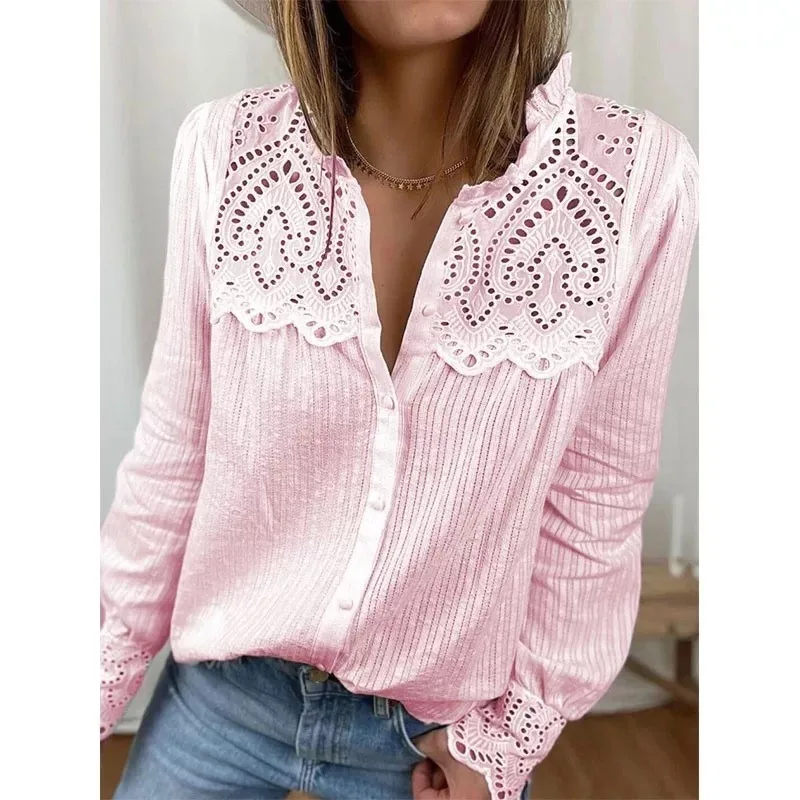 

Fashion Ruffled Stand Collar Hollow Blouse Button 2023 Long Sleeve White Lace Shirt Women Casual Tops Elegant Blusas Mujer 29363