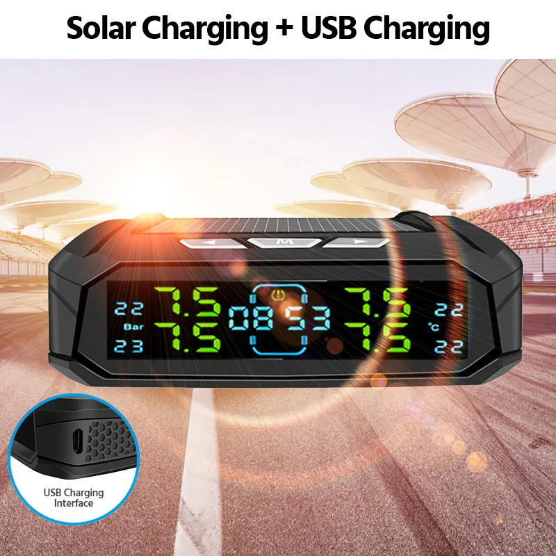 Solar TPMS Car Tire Pressure Alarm Monitor System car tire pressure monitor car tire pressure sensor Tyre Temp Digital Display Auto Security Alarm Systems with 4/6 sensors 8 BAR