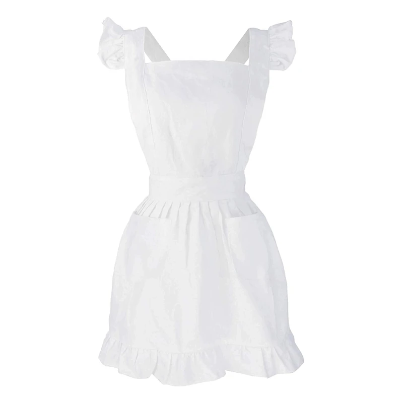 

2024 New Outline Retro White Apron with Pockets Adjustable Victorian Maid Bib