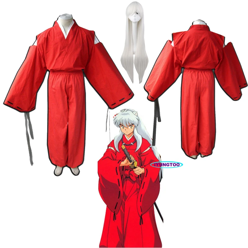 

Anime Inuyasha Cosplay Costumes Red Japanese Kimono Men Robe Cosplay Costume Wigs with For Halloween Party