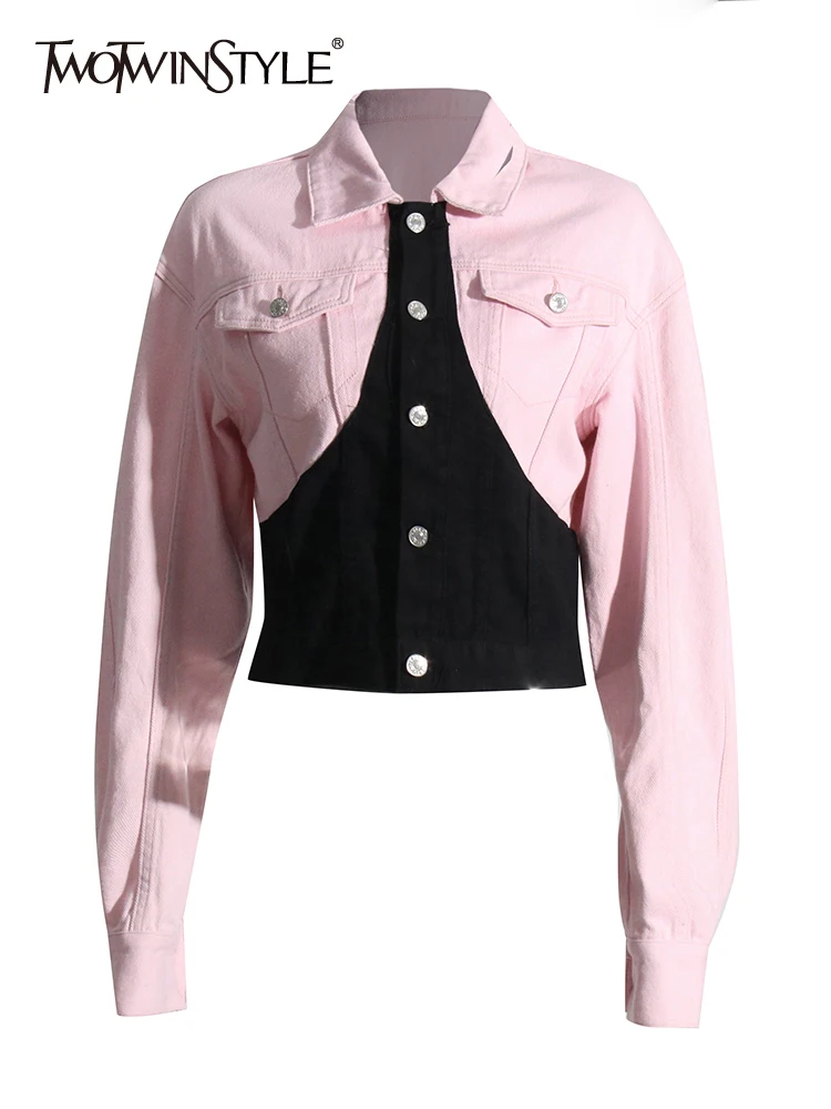 

TWOTWINSTYLE Hit Color Spliced Denim Jackets For Women Lapel Long Sleeve Patchwork Pockets Casual Jacket Female Fashion Clothing