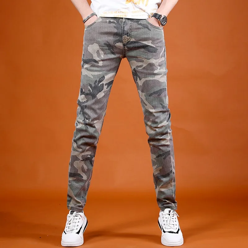 Camouflage Jeans Men Summer Lightweight Slim Fit Pants Streetwear Casual Straight Leg Denim Trousers
