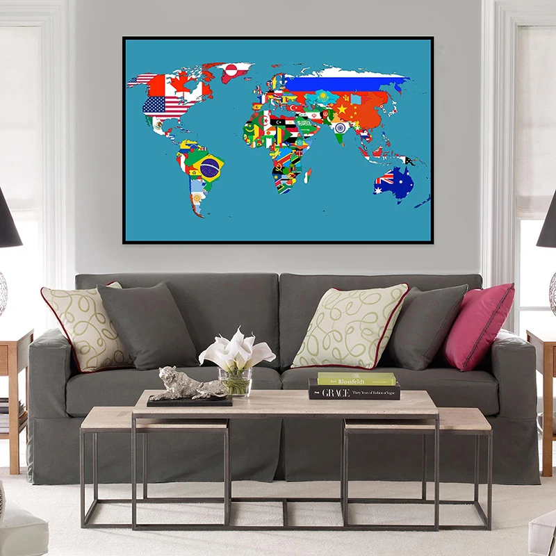 World Map 59x42cm Classic Edition Small Spray Canvas Posters Prints Background for School Classroom Office Supplies