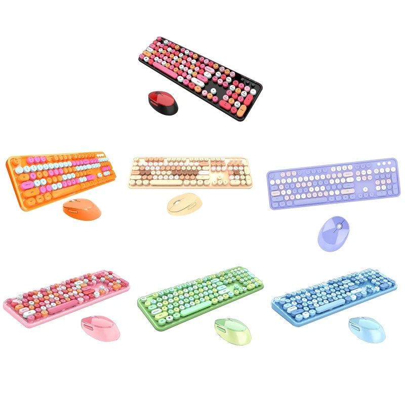 

Sweet Keyboard Mouse Combo Mixed Color 2.4G Wireless Keyboard Mouse Set Circular Suspension for Key for PC Laptop