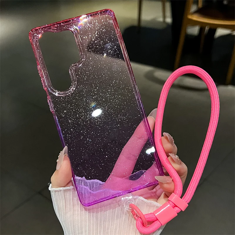 Transparent Gradient Glitter Bling Phone Case with Short Hand Rope Lanyard and Soft Cover