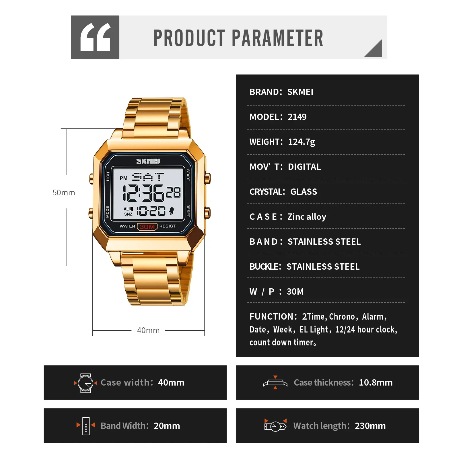 SKMEI Men's Electronic Square Steel Band Student Multi functional Sports Waterproof Night Glow Electronic Watch 2149 6