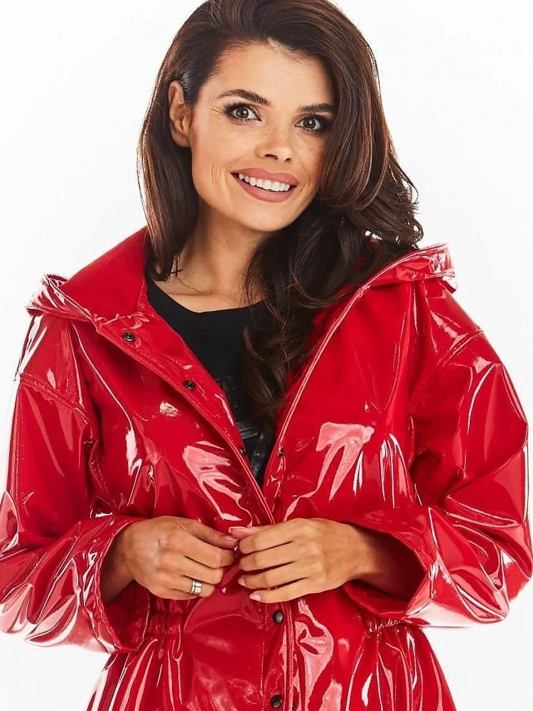 Shiny Patent Leather Parka Hood for Women Overcoat With Pocket Faux Latex  Long Sleeve Jacket Button PVC Raincoat New Custom - AliExpress