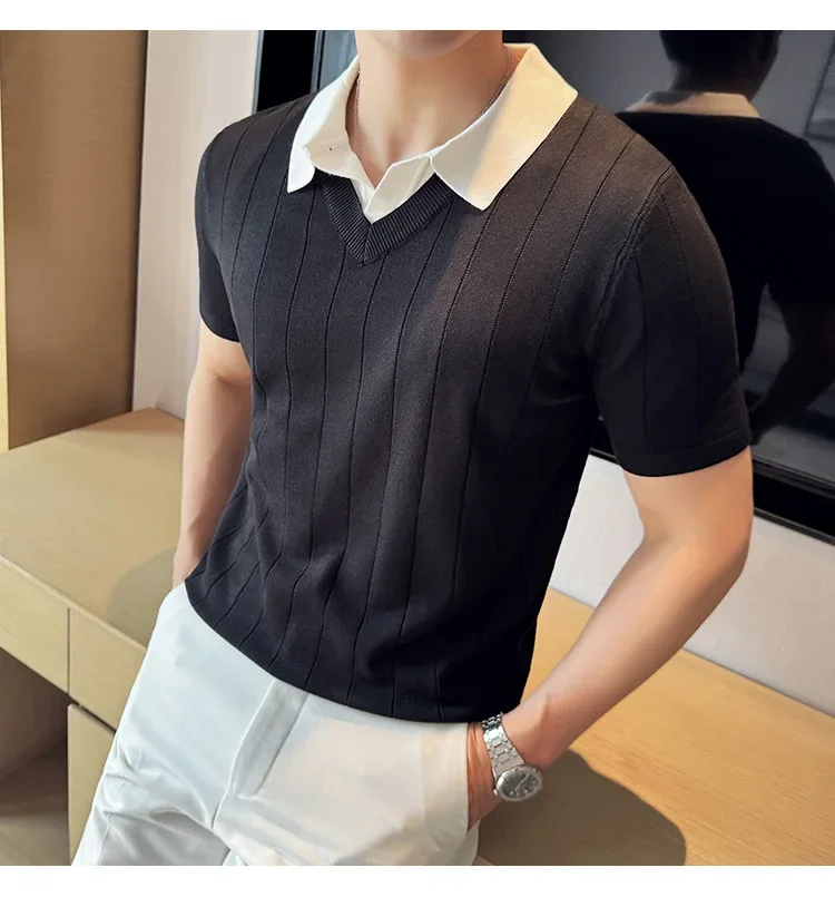 Thin Fashion Striped Lapel Knitted Polo Shirt, Fake Two-Piece Knitted Short-Sleeved T-shirt ~ Yellow Brown T-shirt 43 S2d106ba0c25d436bbe1f5ac7636ead04z
