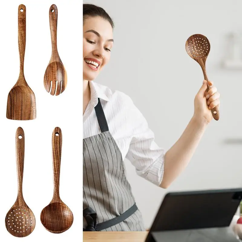 4PCS wooden Cooking Spoons Natural Wooden Kitchen Tableware Tool Soup Spoon Colander spoon Spatula Thin Spatula or Fork Utensils