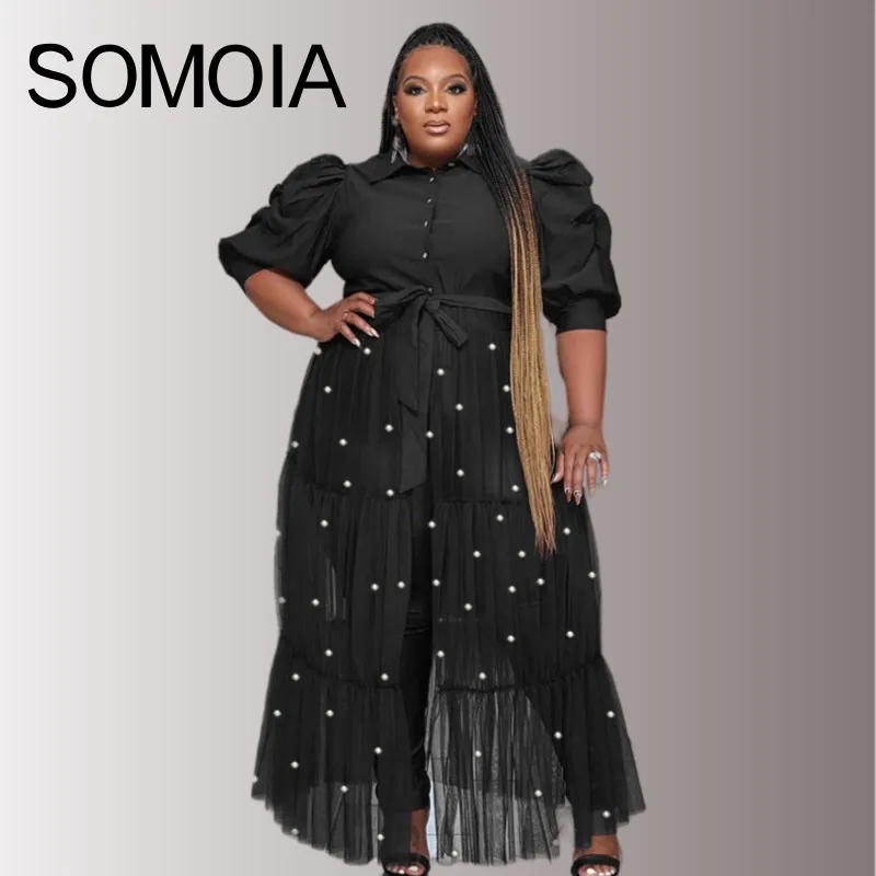 

SOMOIA Plus Size Women Shirt Dress Pearl Mesh Gauze Patchwork V-neck Short Ruff Sleeve Casual Blouse Shirt Collar Belt Lace-up
