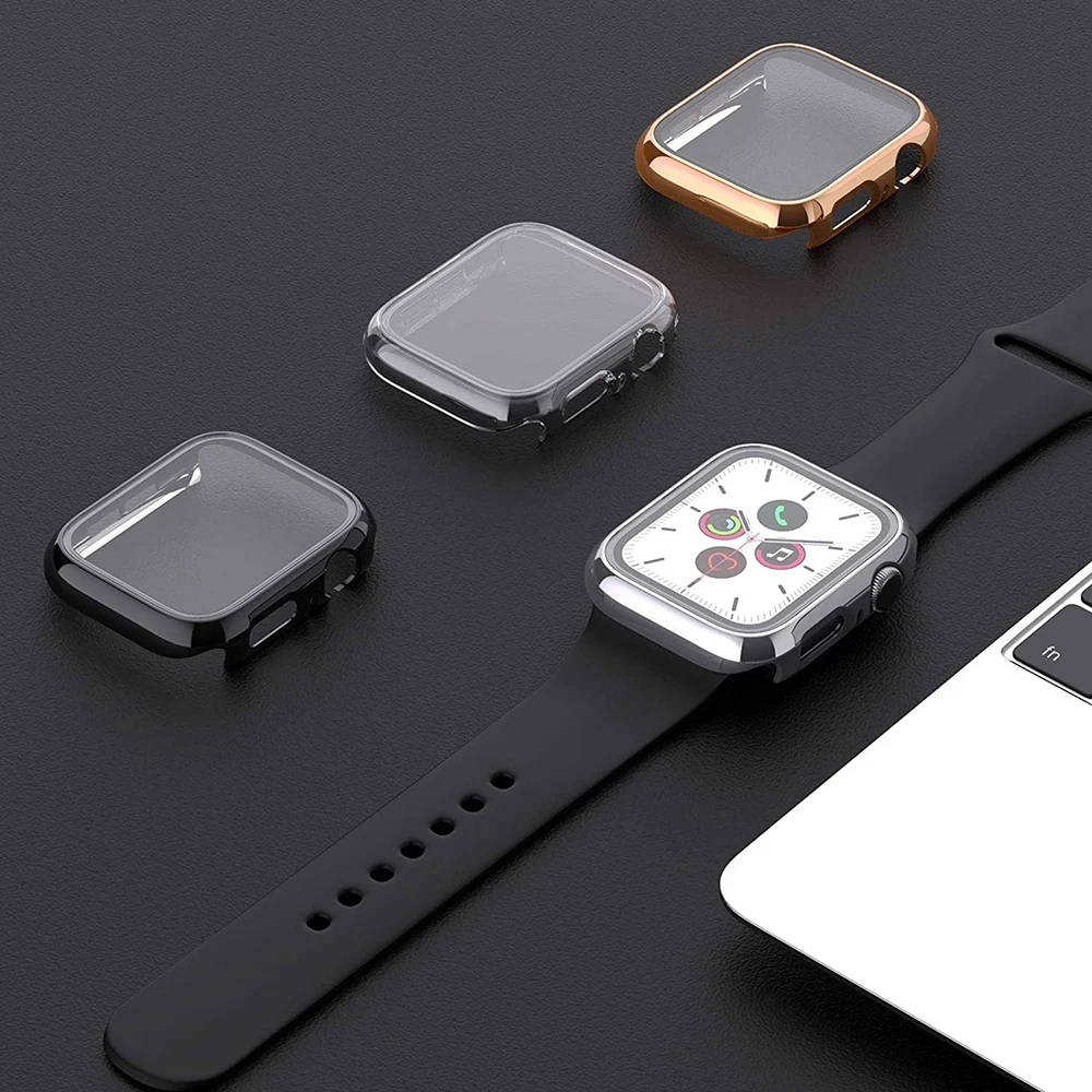 360 Full Cover for Apple Watch 45mm 41mm 44mm 40mm 42mm 38mm, Plating Case Glass Screen Protector for iwatch 9 8 7 6 5 4 3 2 SE