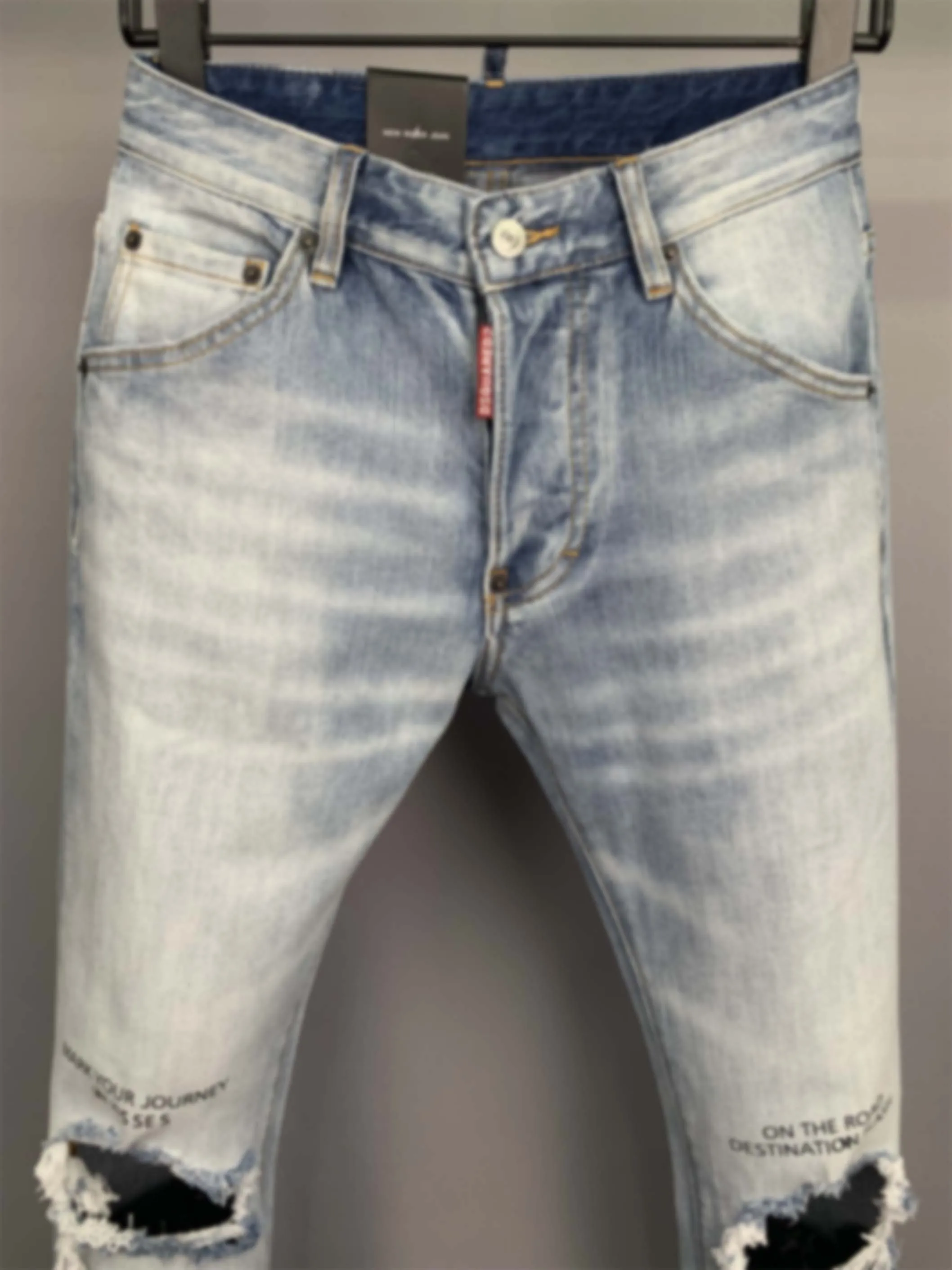 2024 Spring/Summer New Denim Pants Trendy Men's Washed Simple and Versatile Slim Fit Print Small Feet Blue D2 Jeans Men's