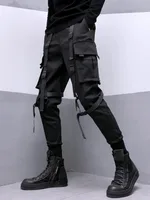 Fashion Darkwear Safari Style Webbing Spliced Boy Cargo Pants Men High Street Streetwear Elastic Waist Slim Tactical Techwear 1