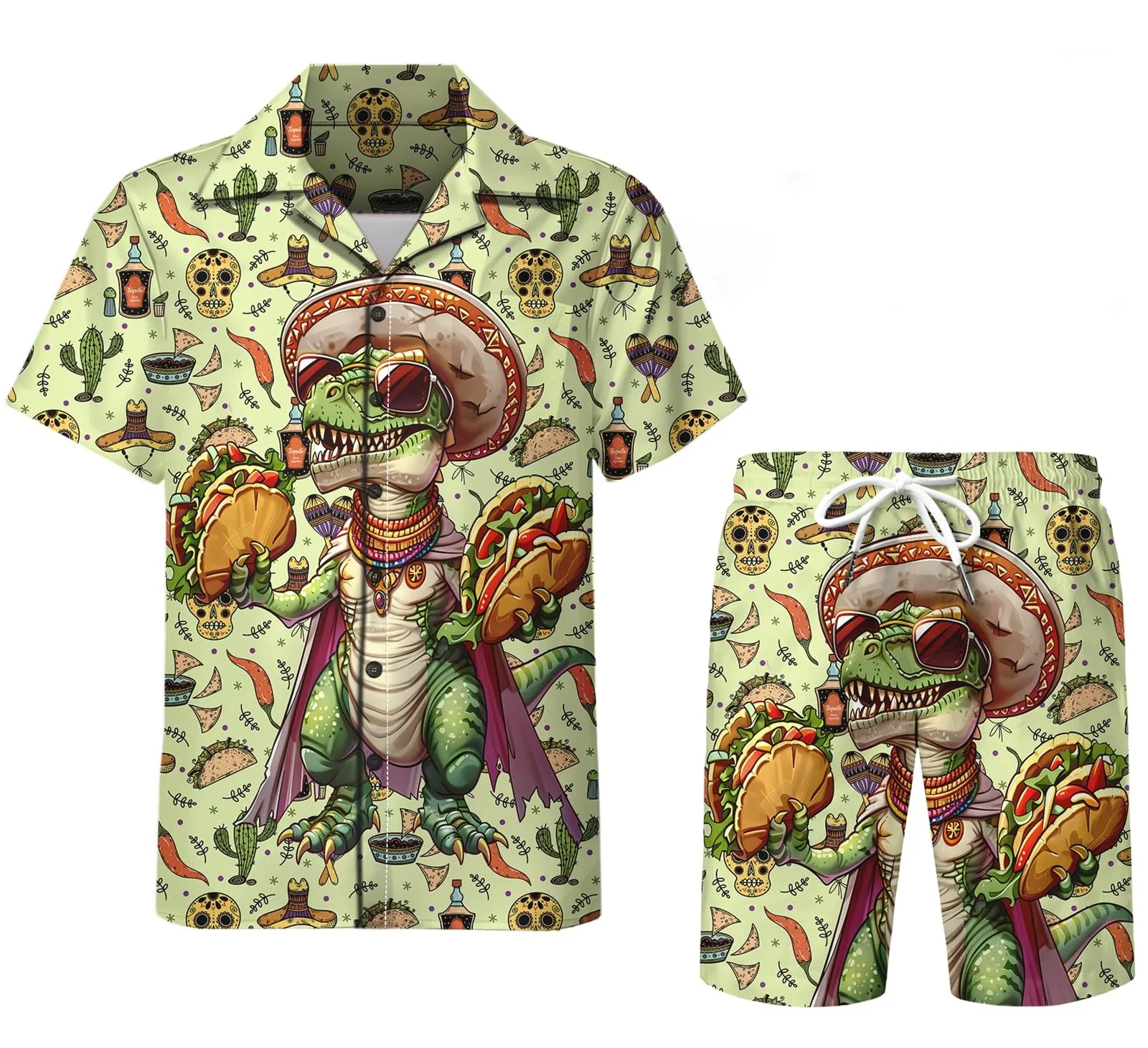 thumbnail image 1 of Conjunto retro psicodélico de los años 80 y 90 con estampado de setas mágicas, camisa 3D, pantalones cortos casuales de playa de gran tamaño, 2 piezas, estilo hawaiano para vacaciones para hombres, 1 of 5