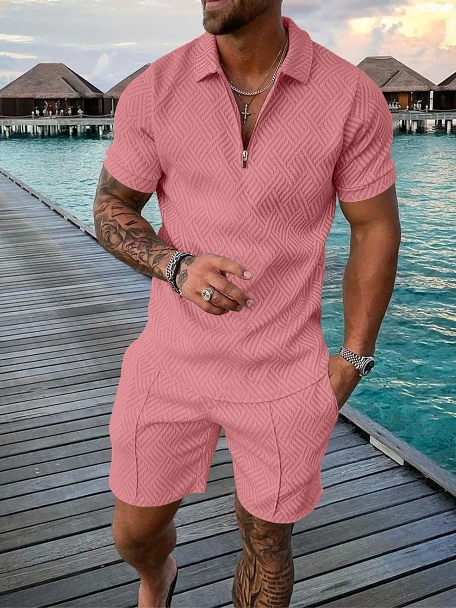 Men's Sportswear Cotton Solid Color Short Sleeve Zipper Polo Shirt and Shorts Set Casual Street Suit 2-piece Summer  Sweatshirts