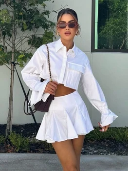 Marthaiqiq White Female Pajamas Set Long Sleeve Nightie Crop Top Sleepwear Turn-Down Collar Pyjamas Skirts Casual Nightwear Suit