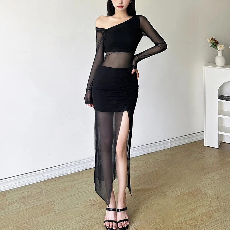 Black Dresses Women Elegant Solid Color See Through Round Neck Long Sleeve Split Party Dress Club Dresses Streetwear