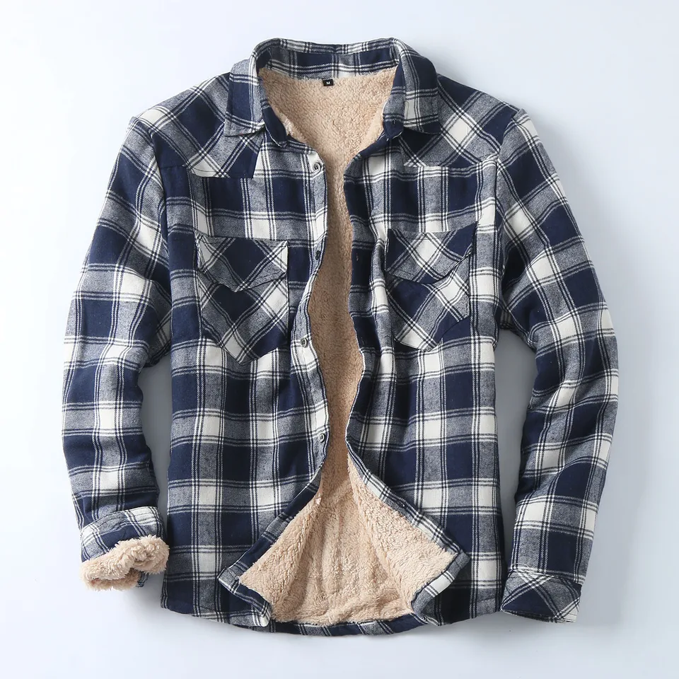 Mens Fashion Plaid Lambswool Winter Coat