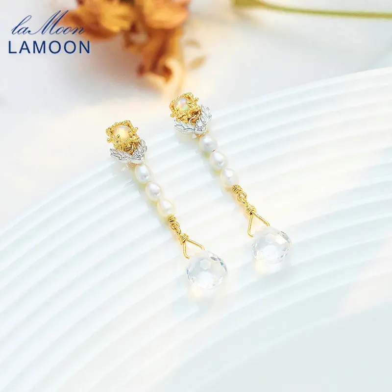 

LAMOON Vintage Bijou Gemstone Earrings Natural Opal Freshwater Pearl White Crystal Drop Earring For Women 925 Sterling Silver