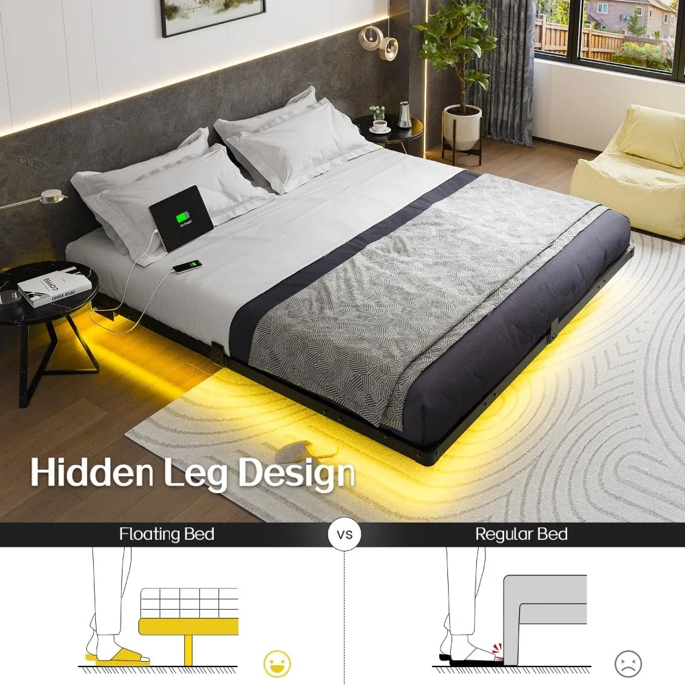 King Size Bed Frame, with LED Lights, USB Charging Station, Noise-Free, No Box Spring Needed, Bed Frame 4