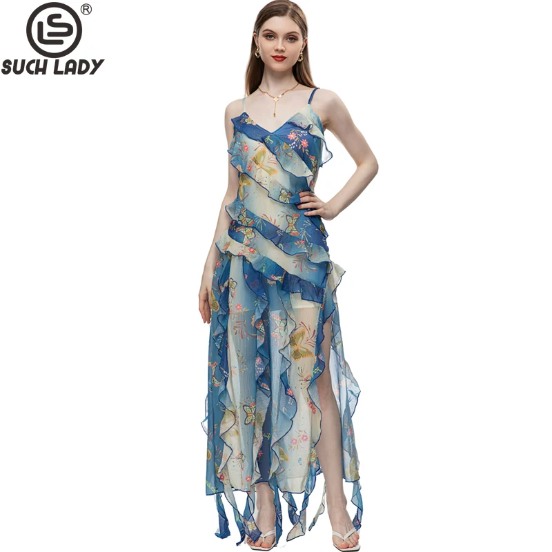 

Women's Runway Dresses Sexy Spaghetti Straps Printed Ruffles Asymmetrical Striped Fashion Casual Holiday Summer Vestidos