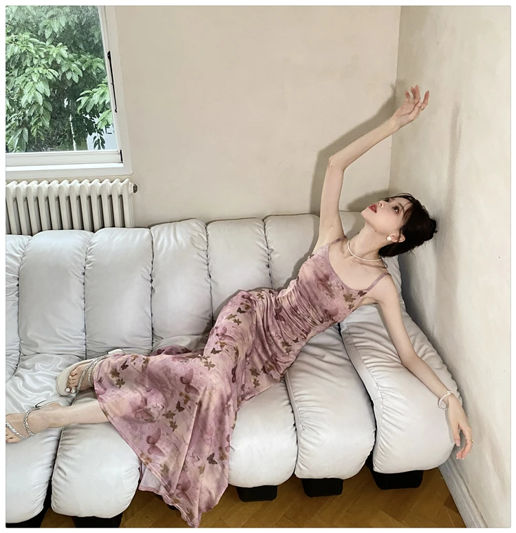 Sexy Printed Long Dresses for Women Mesh Spaghetti Strap Slim A-line Party Dress Summer Korean Fashion One Piece Vestido Mujer